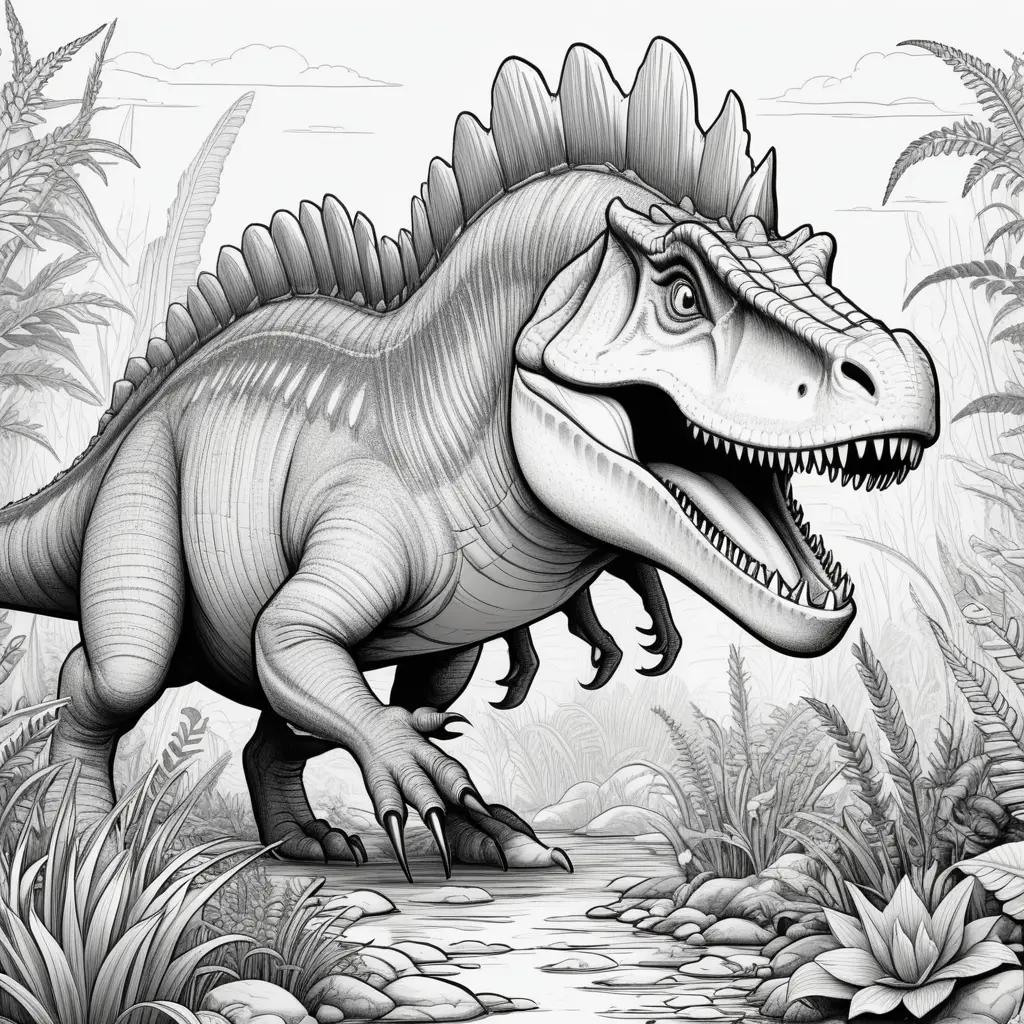 Black and white illustration of a Spinosaurus dinosaur