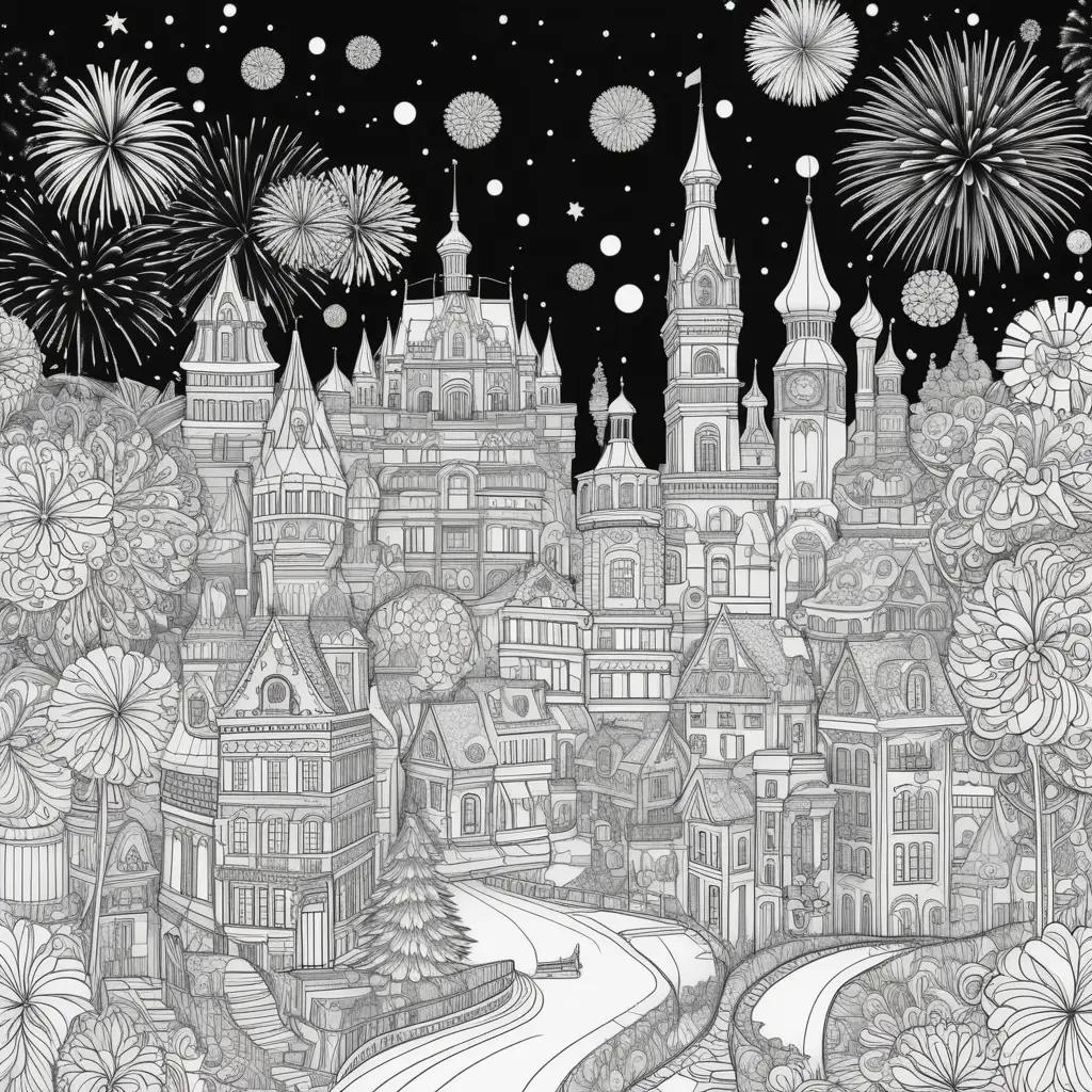 Black and white illustration of a city at night with fireworks