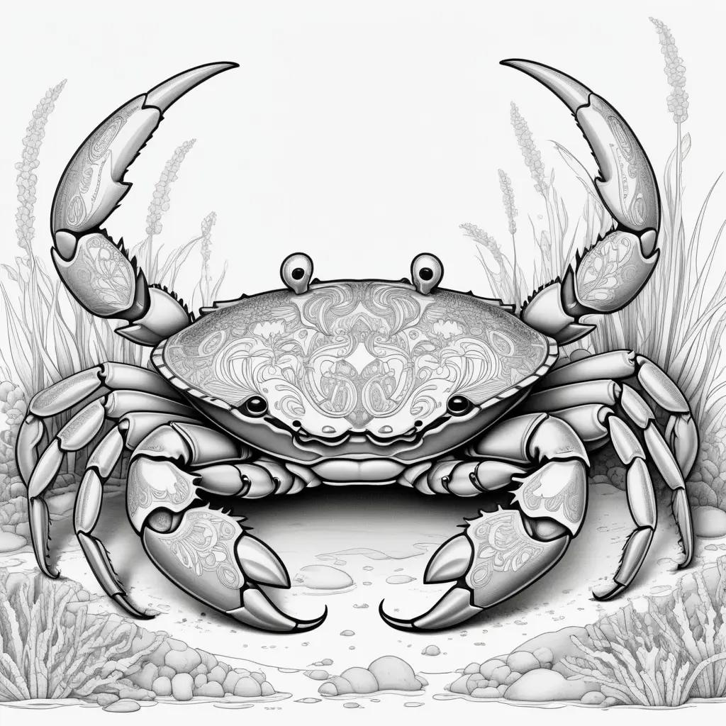 Black and white illustration of a crab on a color page