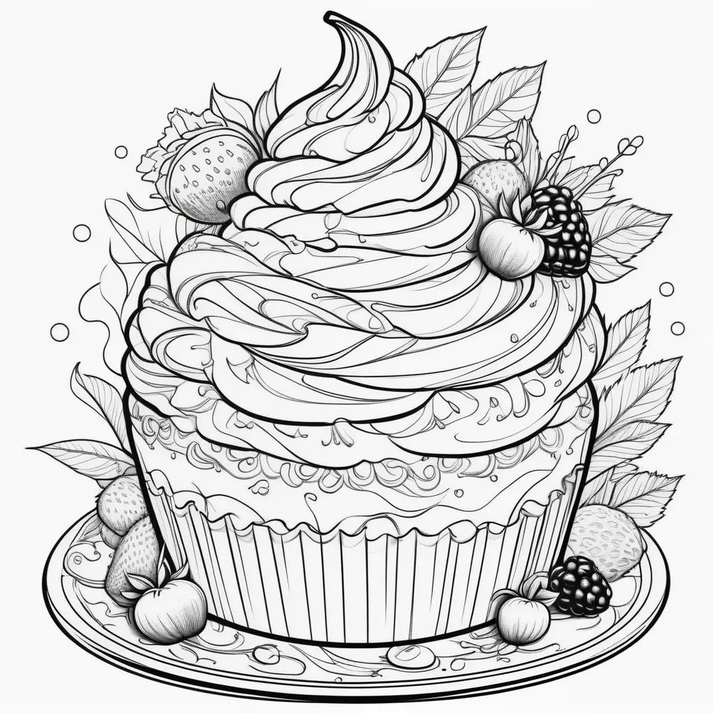 Black and white illustration of a cupcake with berries and leaves