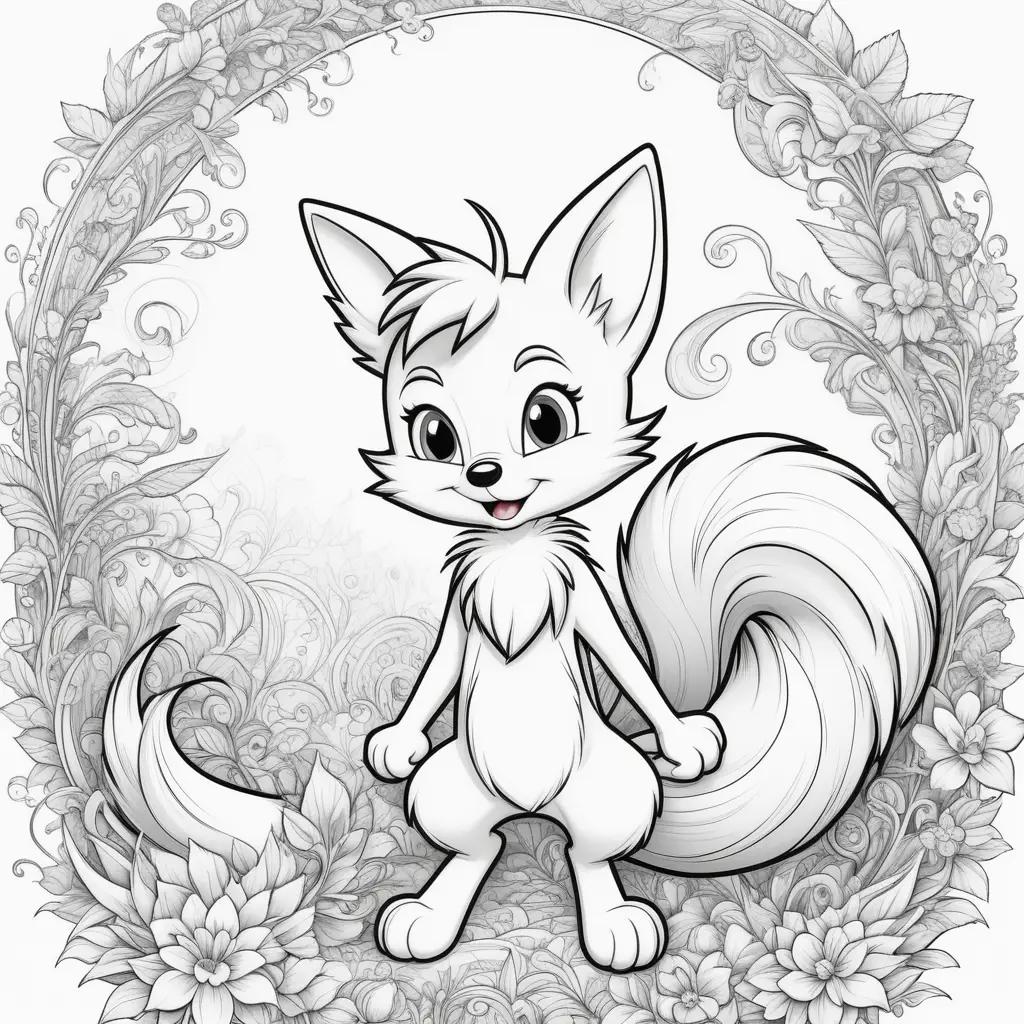 Black and white illustration of a cute little fox with colorful tail