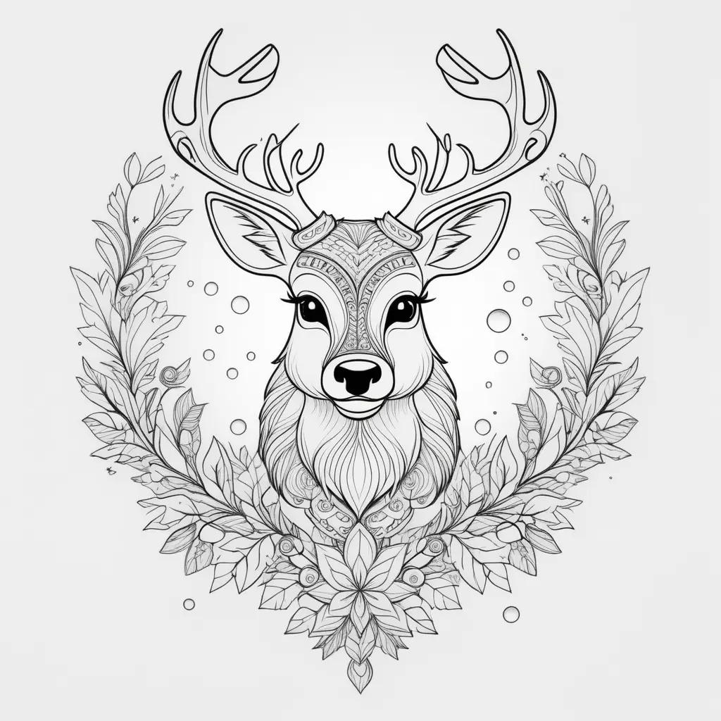 Black and white illustration of a deer with antlers on a wreath