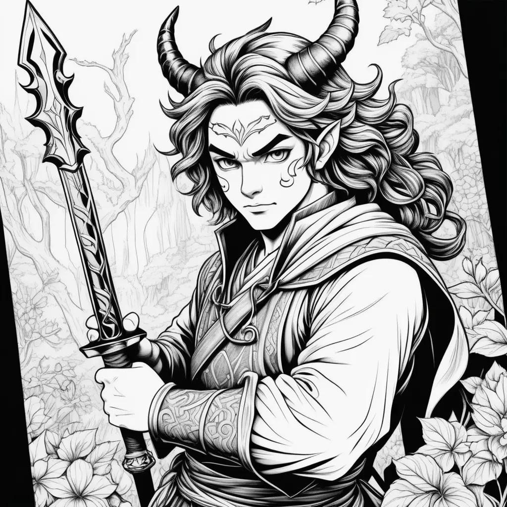 Black and white illustration of a demon slayer holding a sword