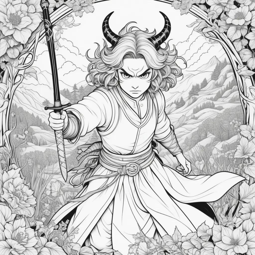 Black and white illustration of a demon slayer in a flower-filled forest