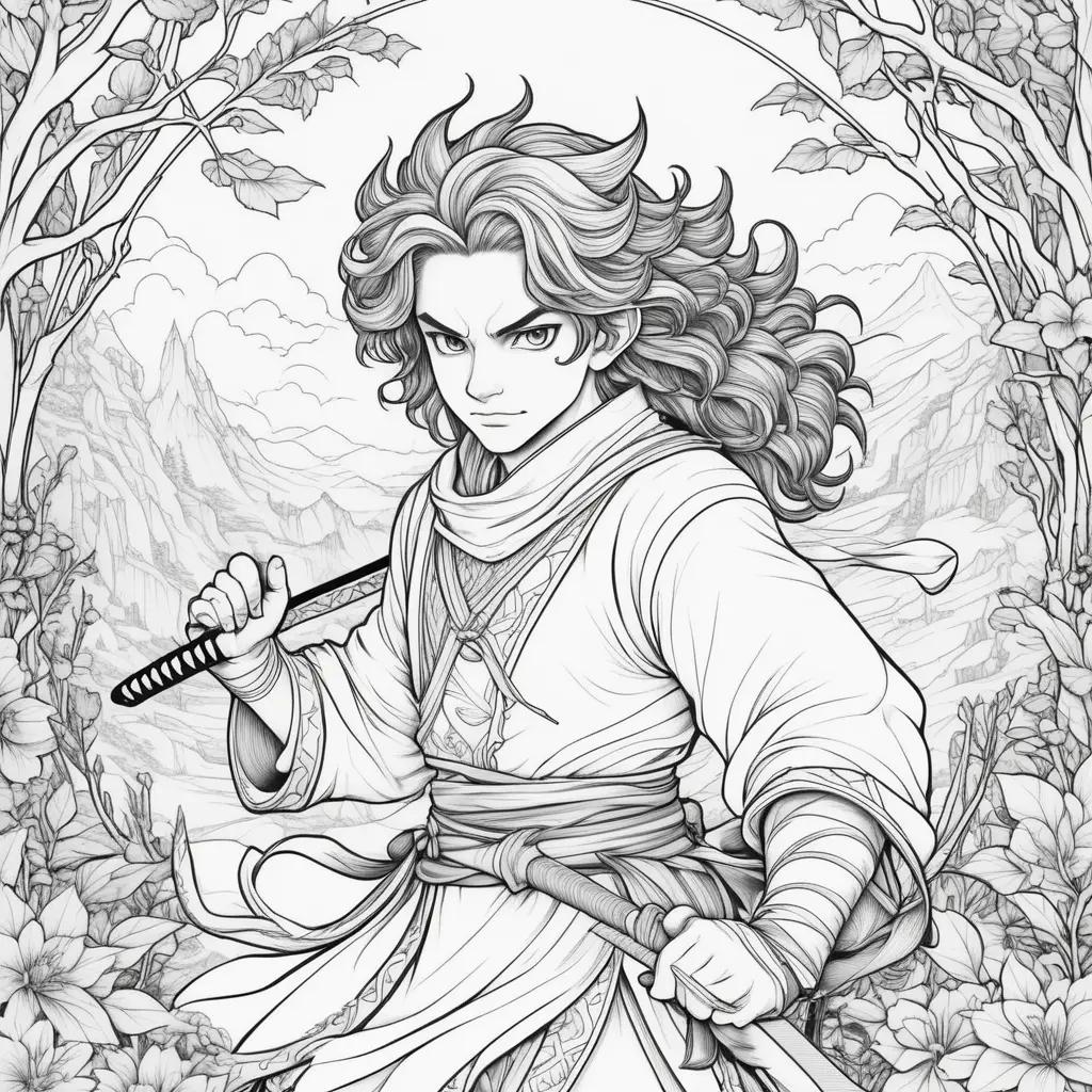 Black and white illustration of a demon slayer with a sword