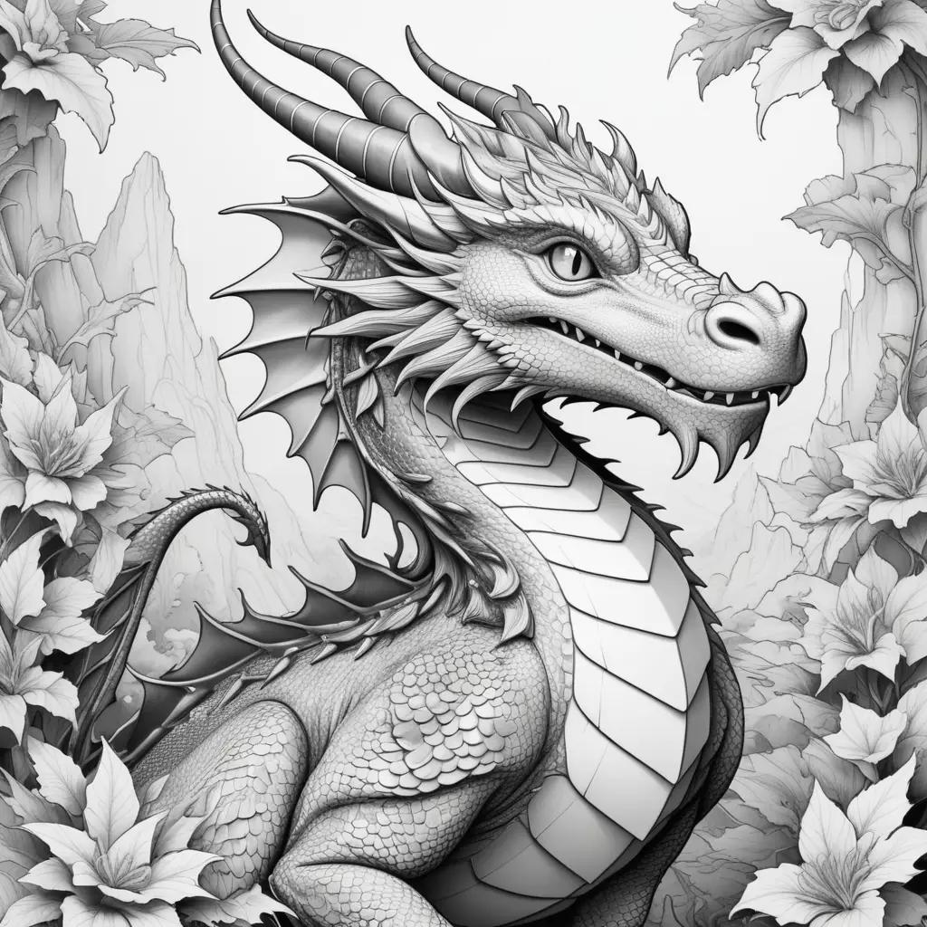 Black and white illustration of a dragon with a color page in the background