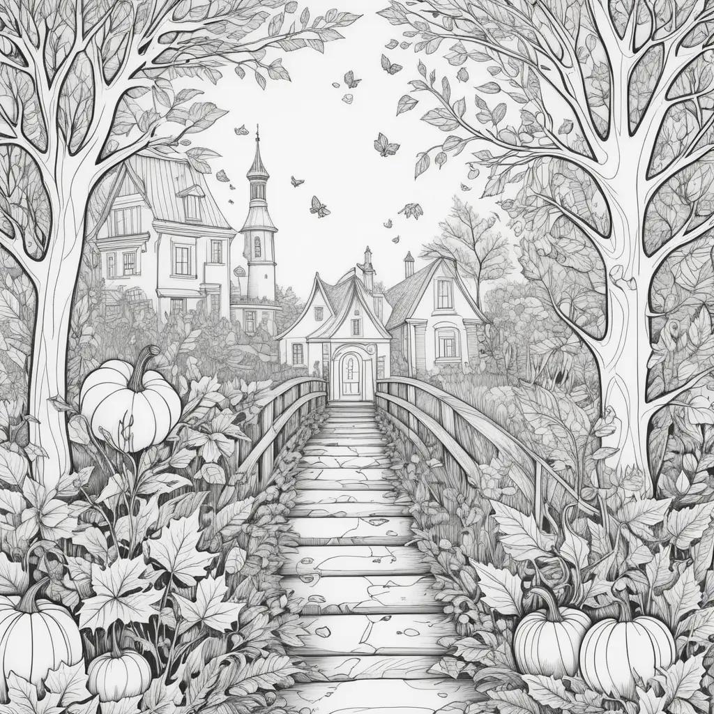 Black and white illustration of a fall color page