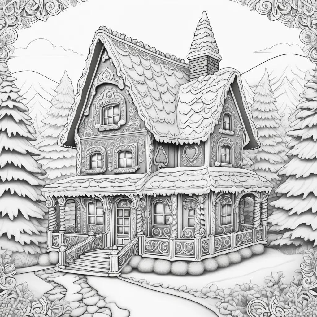 Black and white illustration of a gingerbread house coloring page