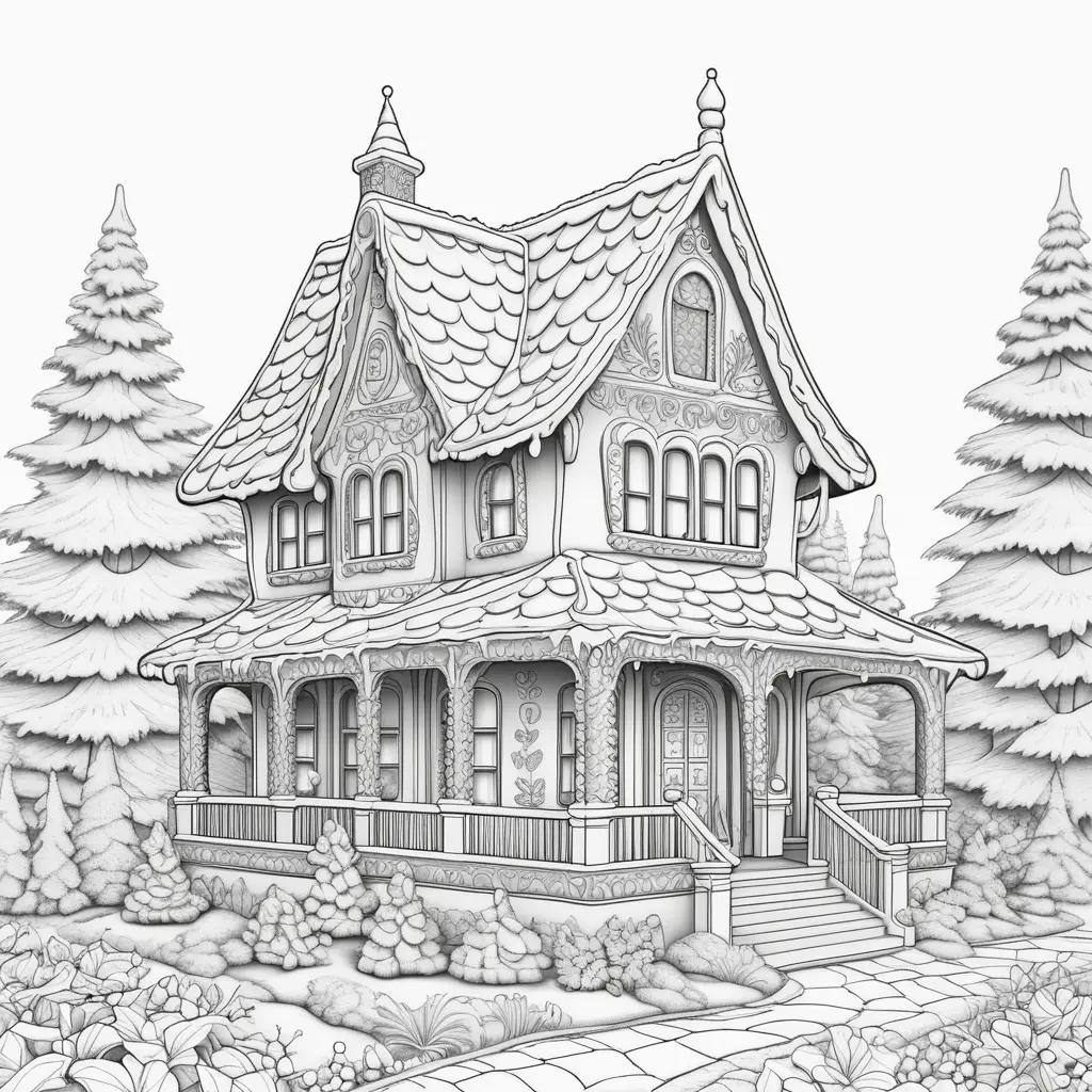 Black and white illustration of a gingerbread house with trees in the background