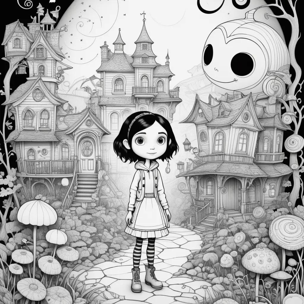 Black and white illustration of a girl in a forest