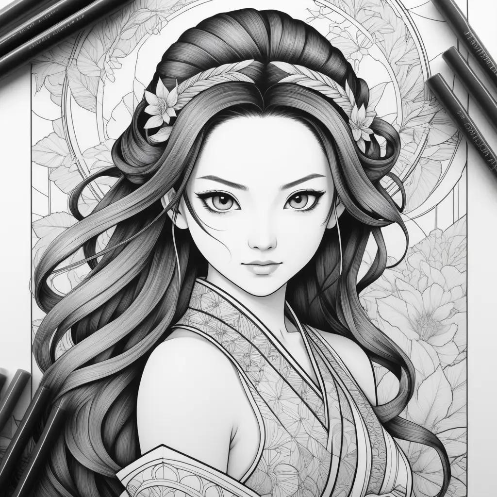 Black and white illustration of a girl with a flower crown