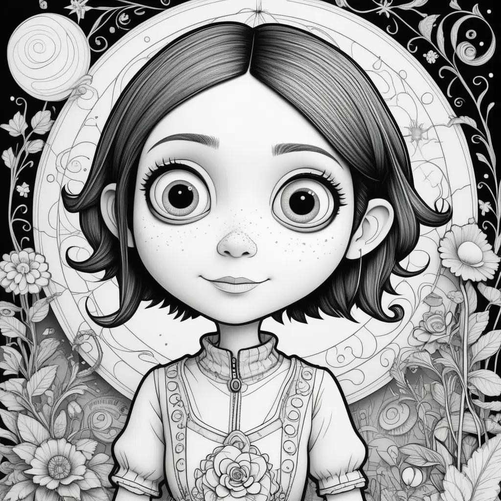 Black and white illustration of a girl with coraline coloring pages in the background