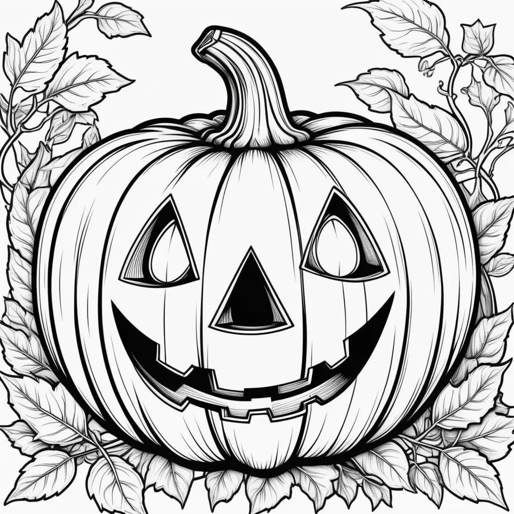 Black and white illustration of a jack o lantern on a leafy background