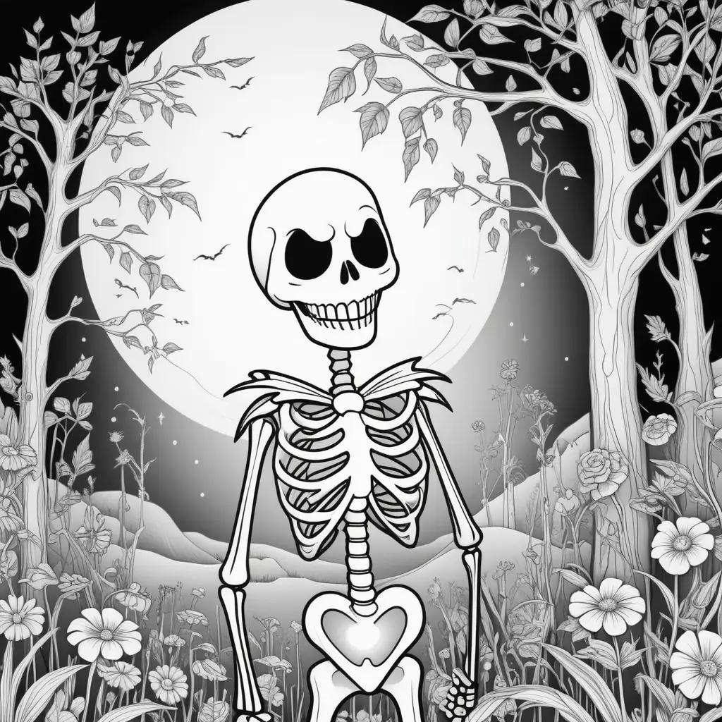 Black and white illustration of a jack-o-lantern skeleton with a moon in the background