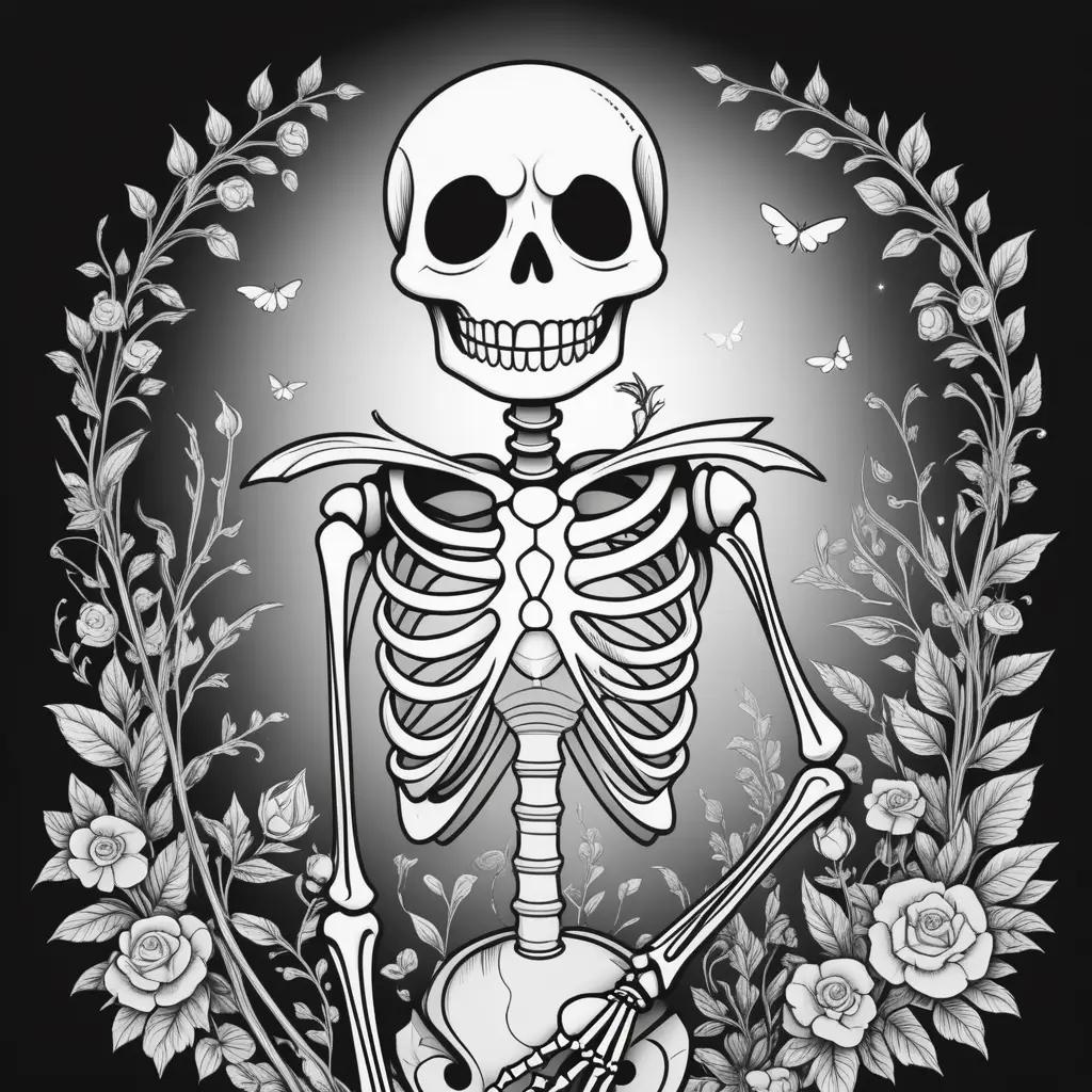 薔薇と蝶とジャック・オー・ランタンの骸骨の白黒イラスト