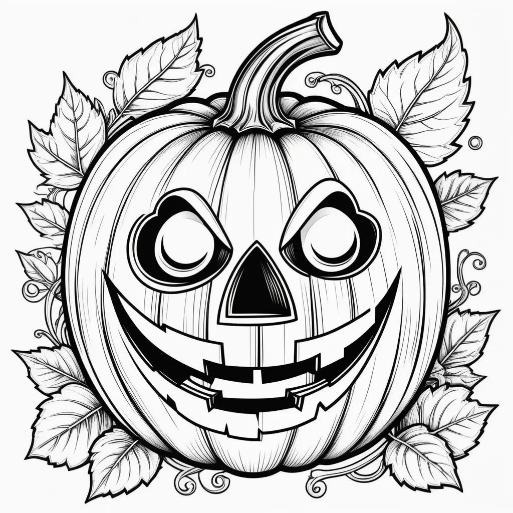 Black and white illustration of a jack o lantern with leaves