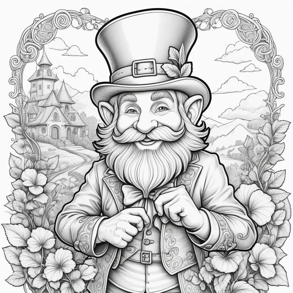 Black and white illustration of a leprechaun with a bow tie