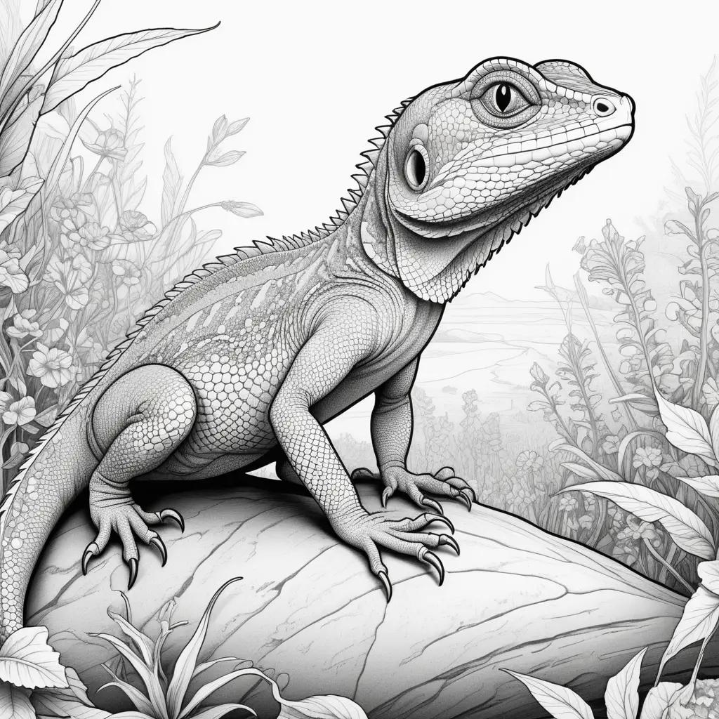 Black and white illustration of a lizard on a rock