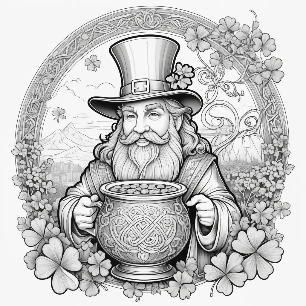 Black and white illustration of a man with a hat holding a pot of gold coins on a saint patricks day coloring page