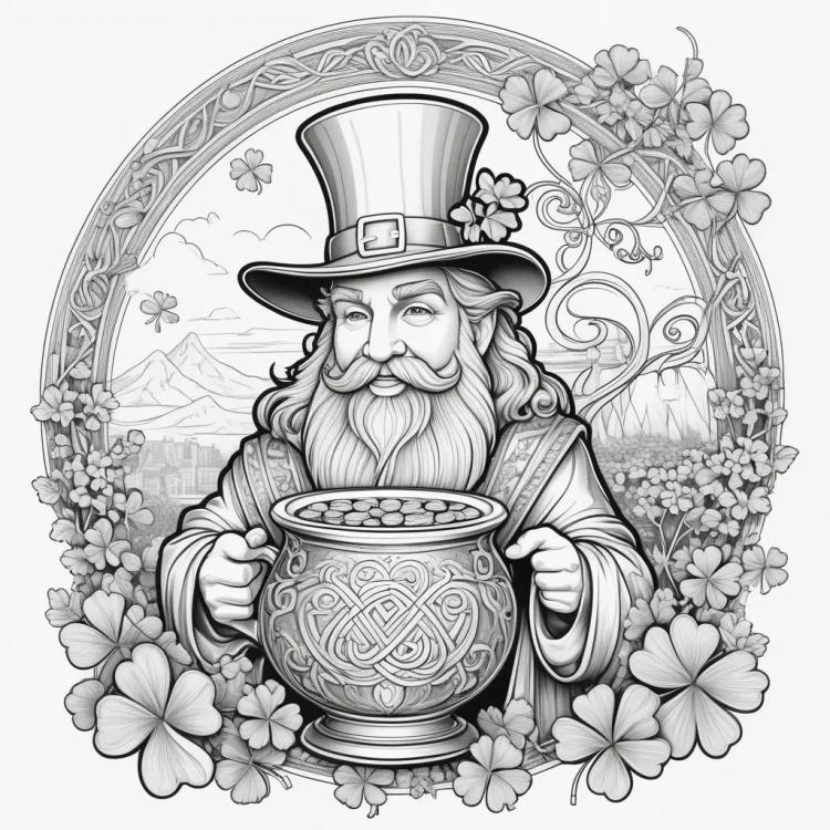 Black and white illustration of a man with a hat holding a pot of gold ...
