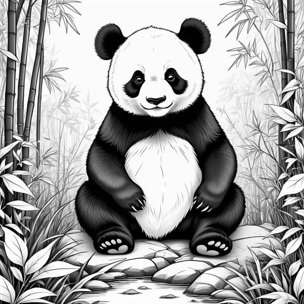 Black and white illustration of a panda sitting in the jungle