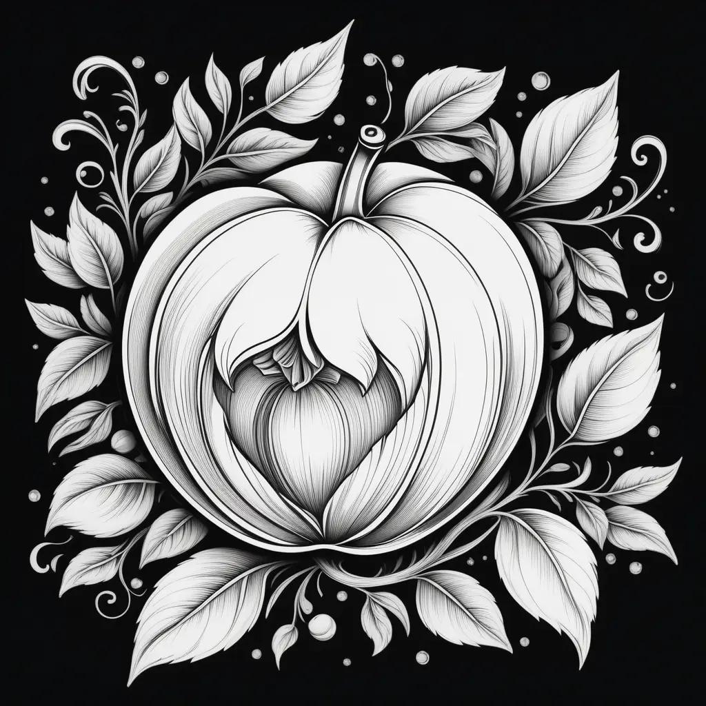 Black and white illustration of a peach surrounded by leaves