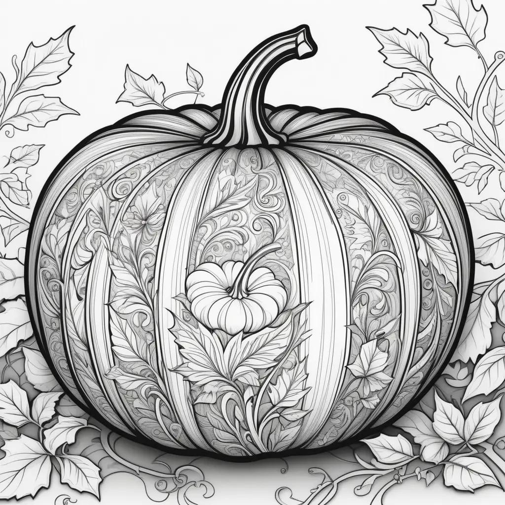 Black and white illustration of a pumpkin with leafy vines