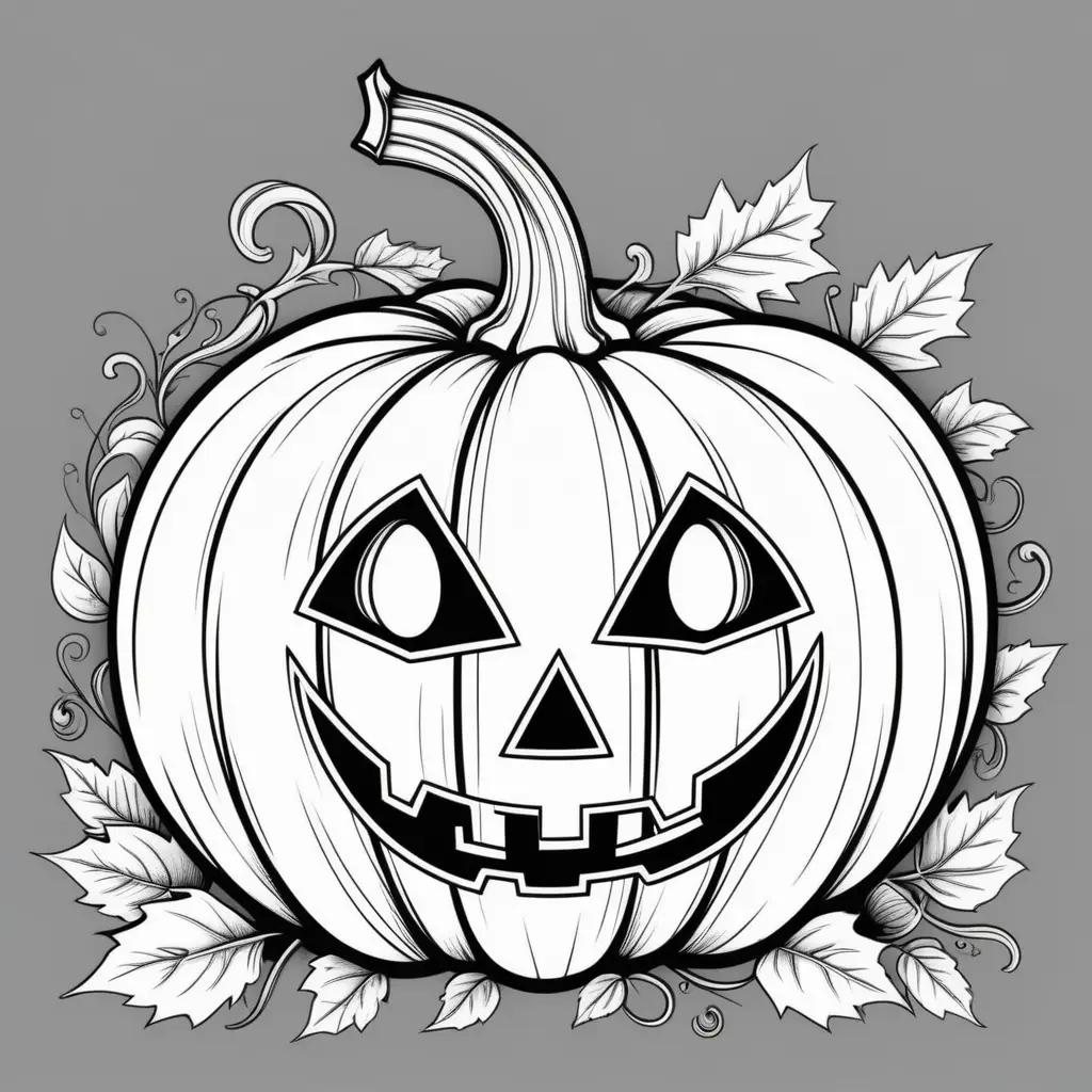 Black and white illustration of a pumpkin with leaves