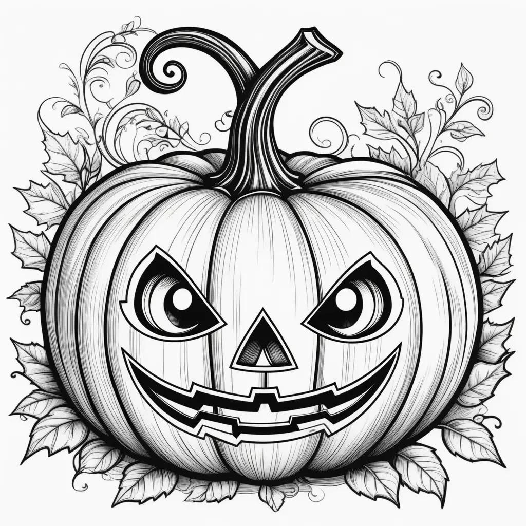 Black and white illustration of a pumpkin with leaves