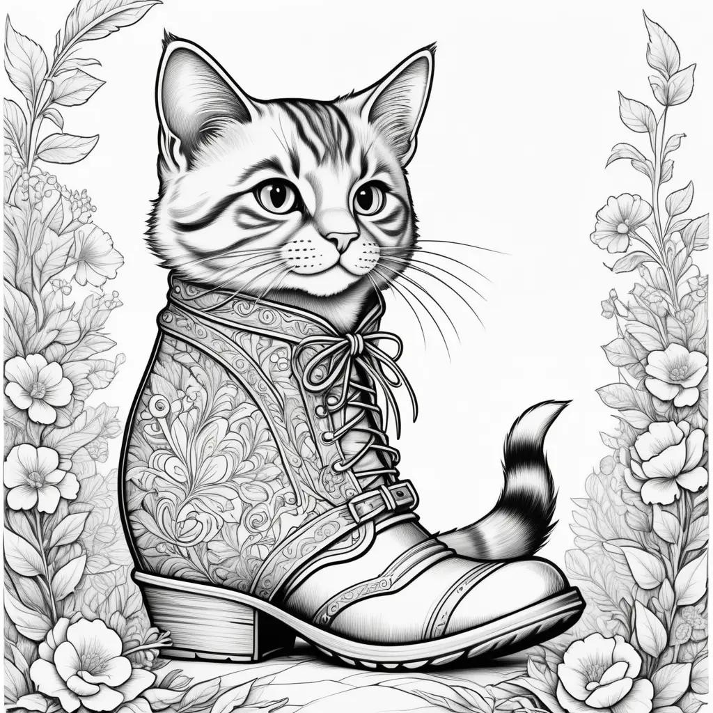 Black and white illustration of a puss in boots coloring page