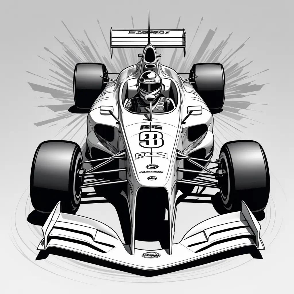 Black and white illustration of a race car on a white background