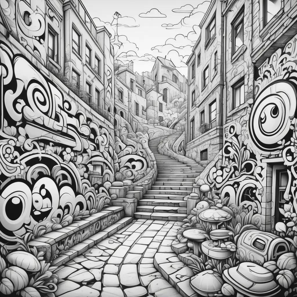 Black and white illustration of a street scene with graffiti