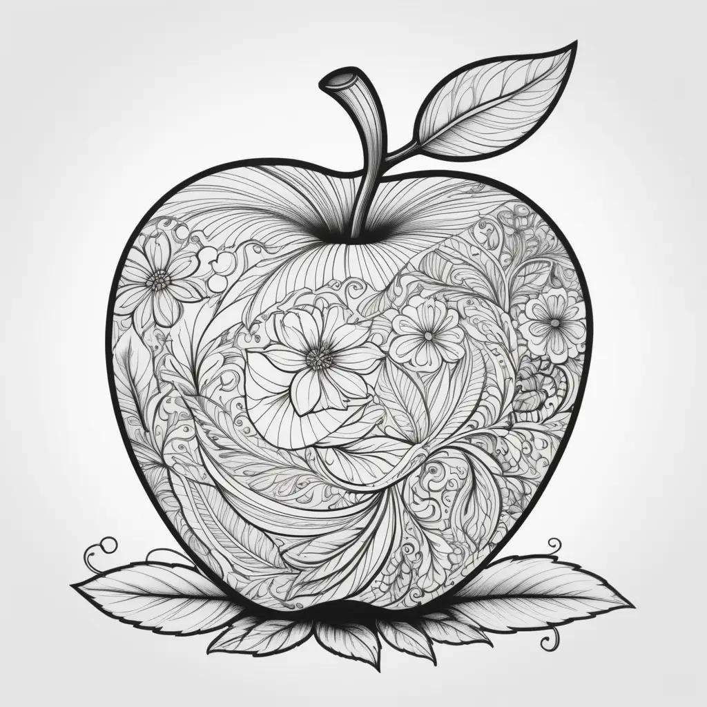 Black and white illustration of a stylized apple with a flower design