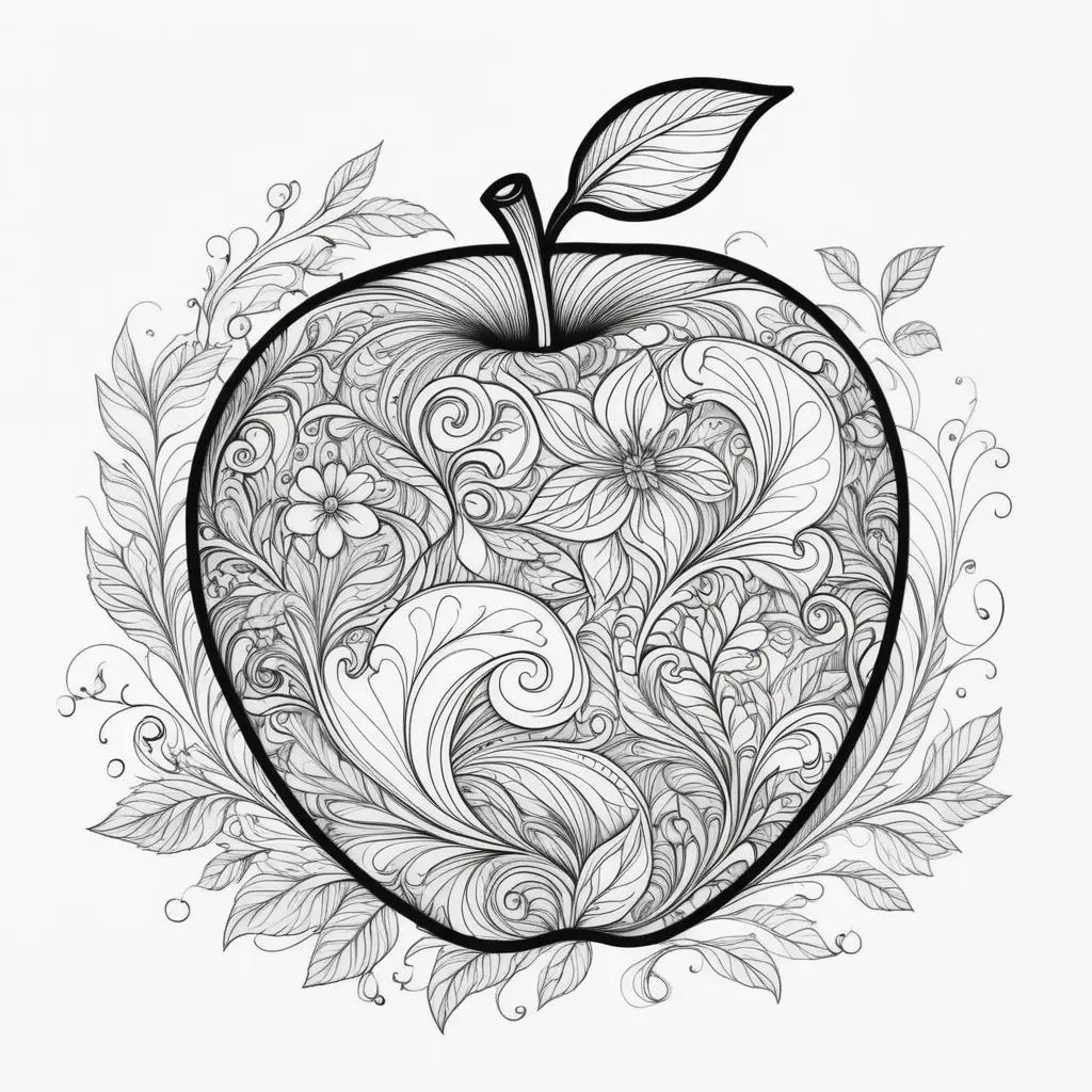 Black and white illustration of a stylized apple with floral patterns