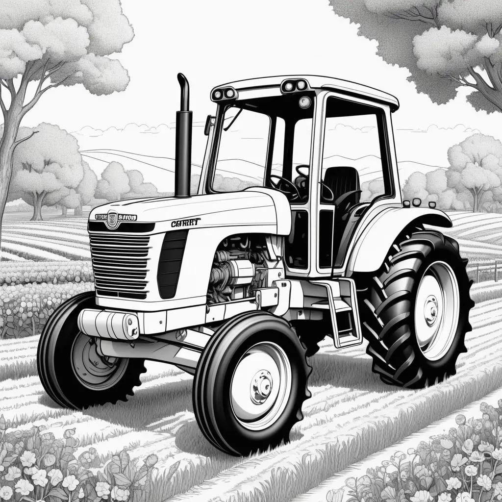 Black and white illustration of a tractor in a field