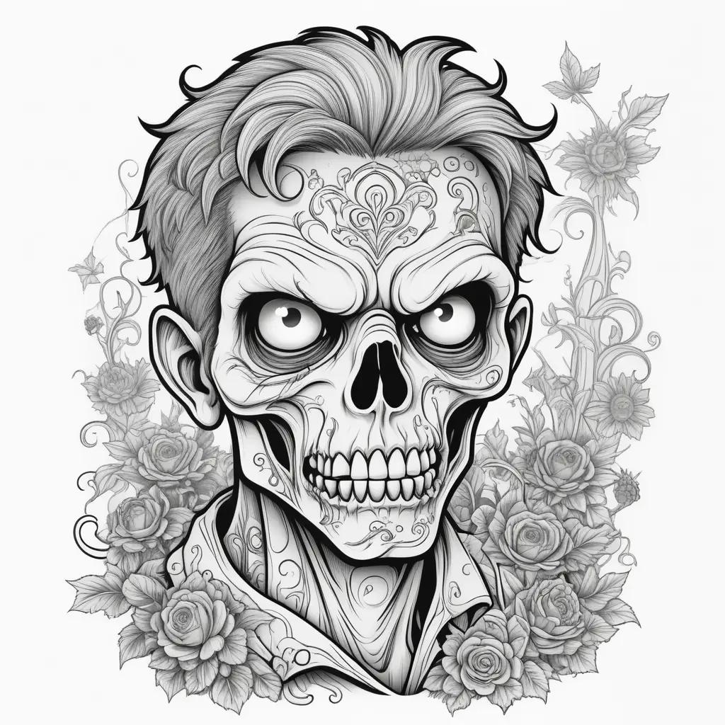 Black and white illustration of a zombie with a flower crown