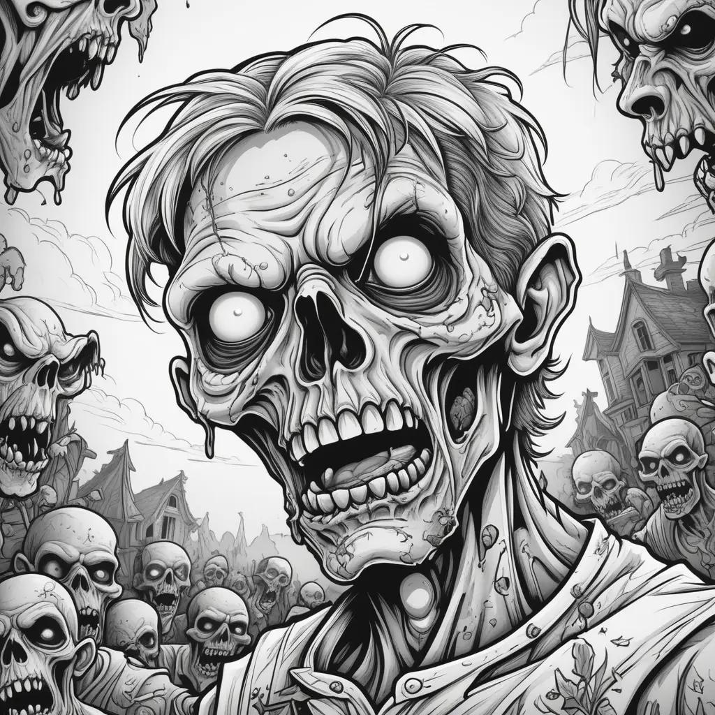 Black and white illustration of a zombie with color pages of other zombies in the background