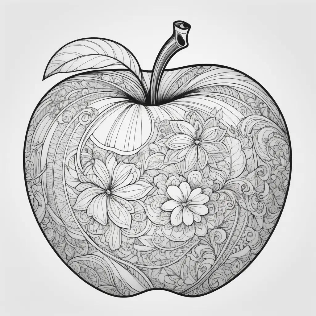 Black and white illustration of an apple with floral designs