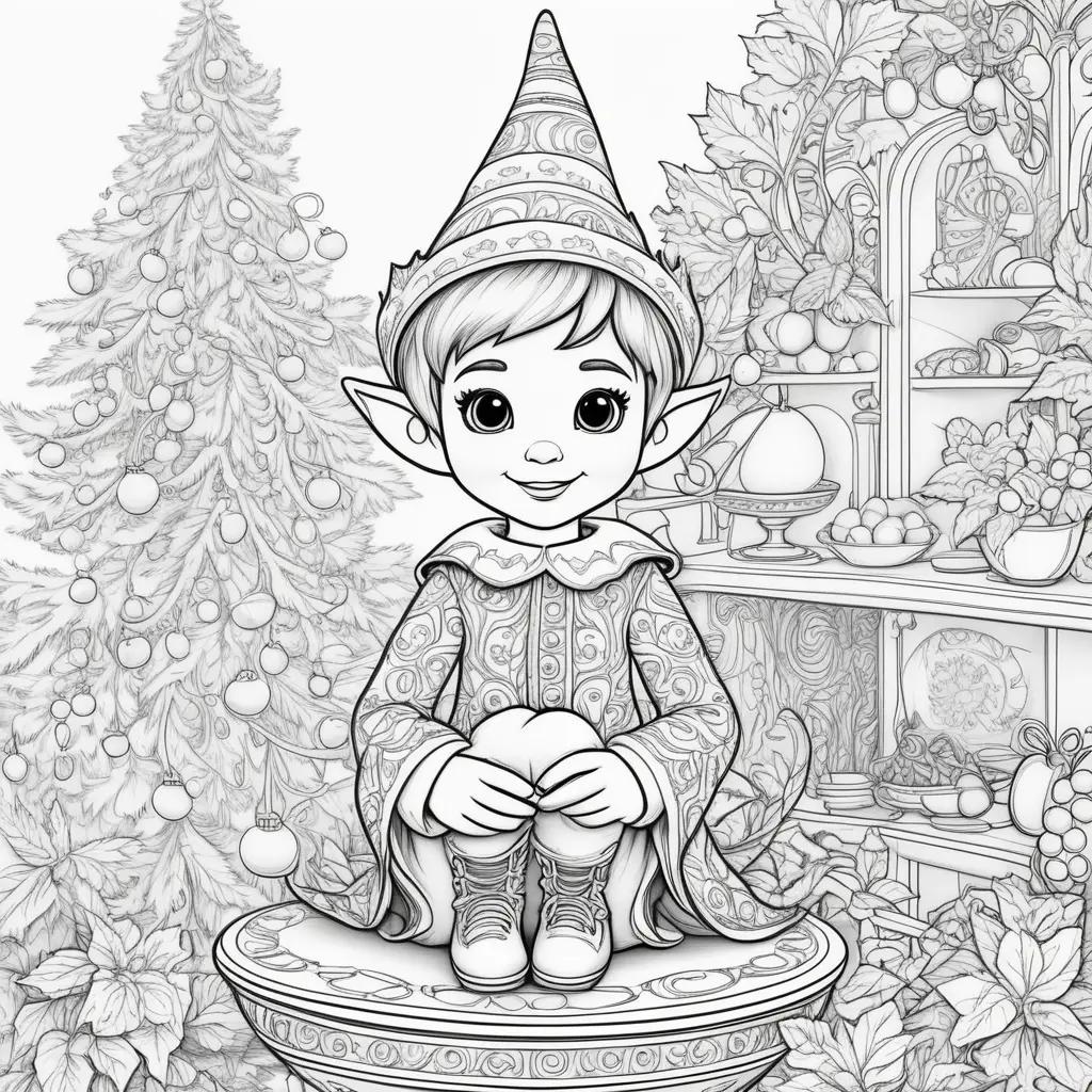 Black and white illustration of an elf on a shelf with Christmas decorations