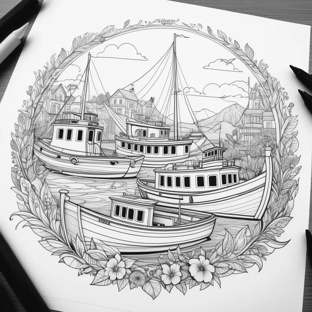 川に浮かぶボートの白黒イラスト