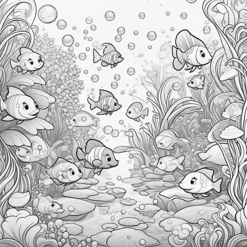 Black and white illustration of bubble guppies