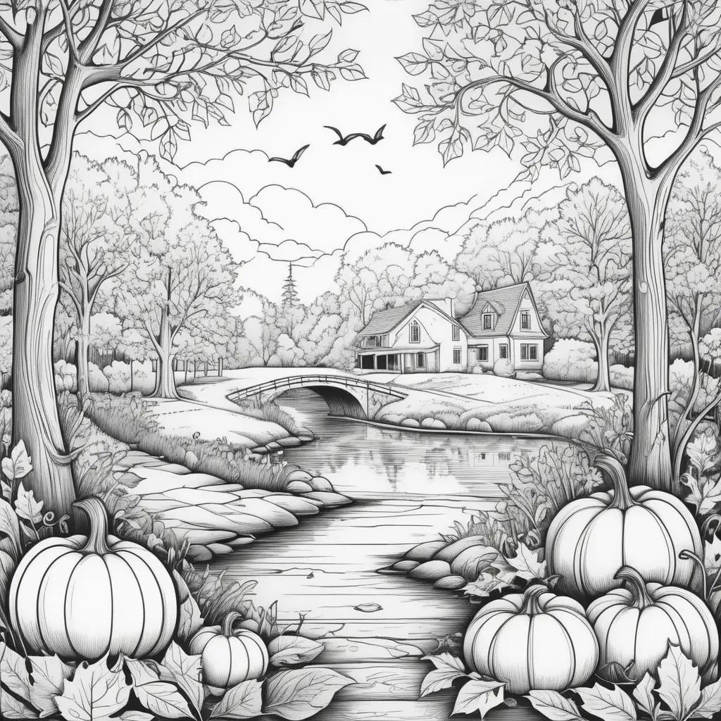 Black and white illustration of fall color pages featuring a house and pumpkins