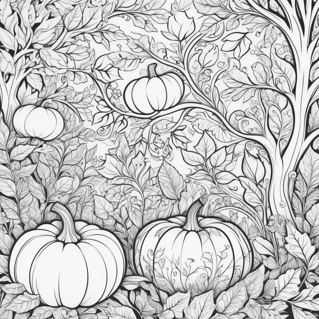 Black and white illustration of fall leaves and pumpkins