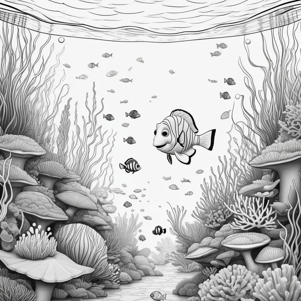 Black and white illustration of fish in an underwater scene