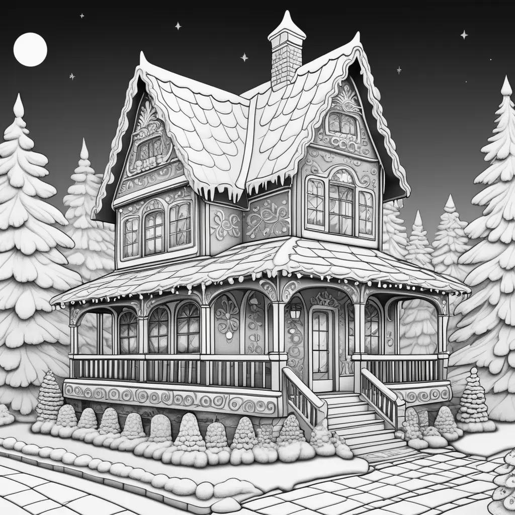 Black and white illustration of gingerbread house with snow and trees