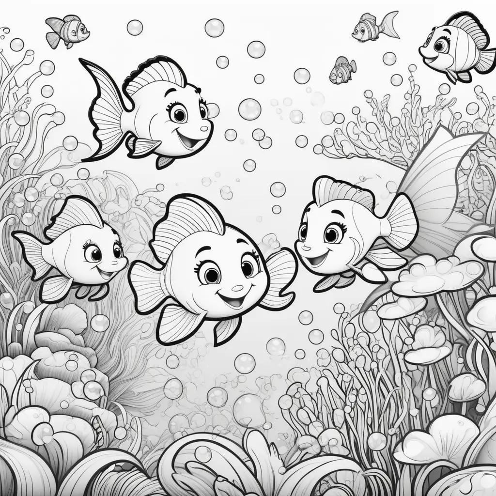 Black and white illustration of guppies swimming in bubbles