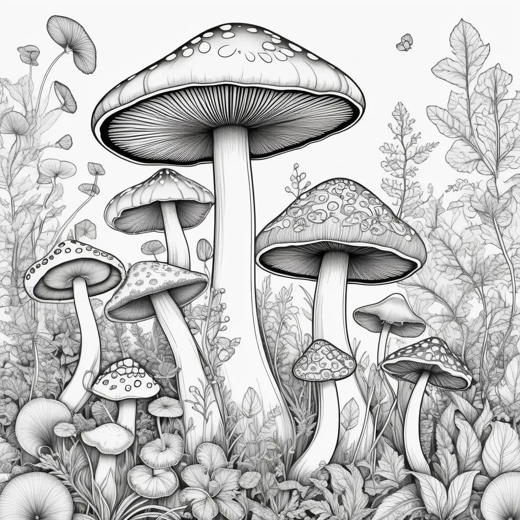 Black and white illustration of mushroom coloring pages