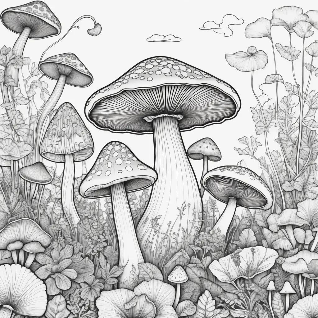 Black and white illustration of mushrooms and flowers