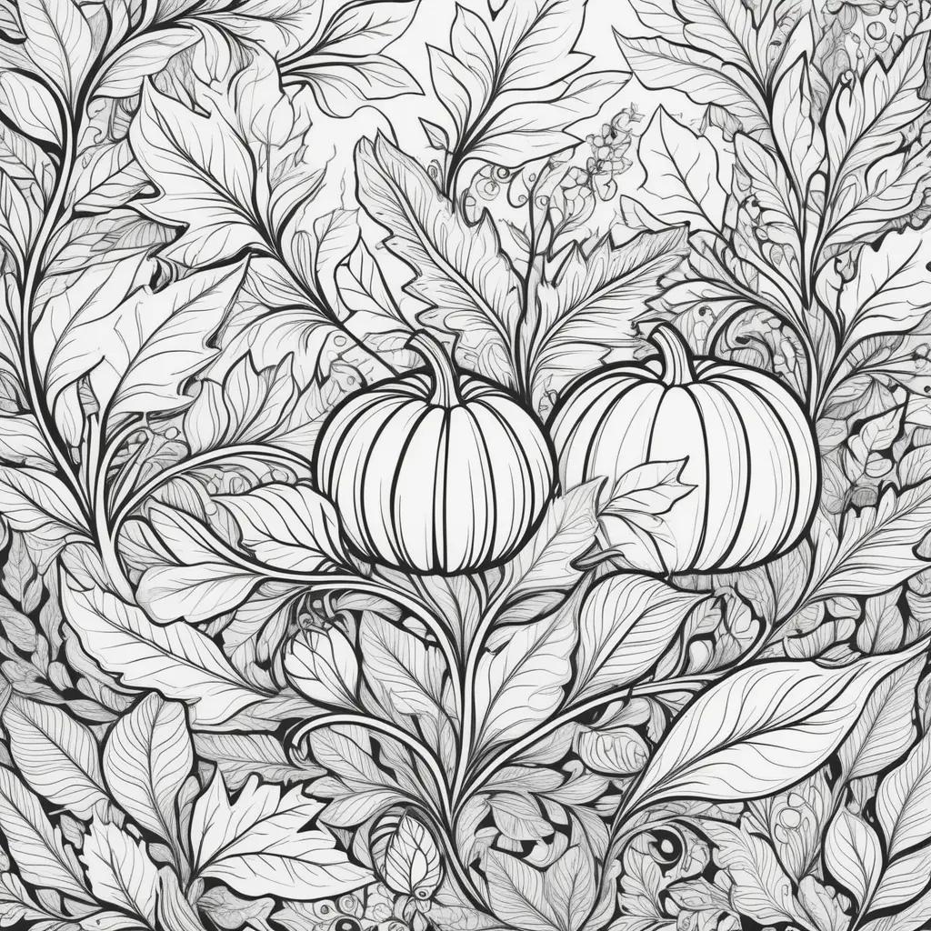 Black and white illustration of pumpkins in autumn leaves