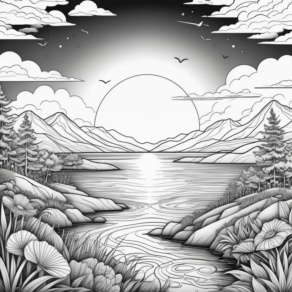 Black and white illustration of sunset over mountains and lake